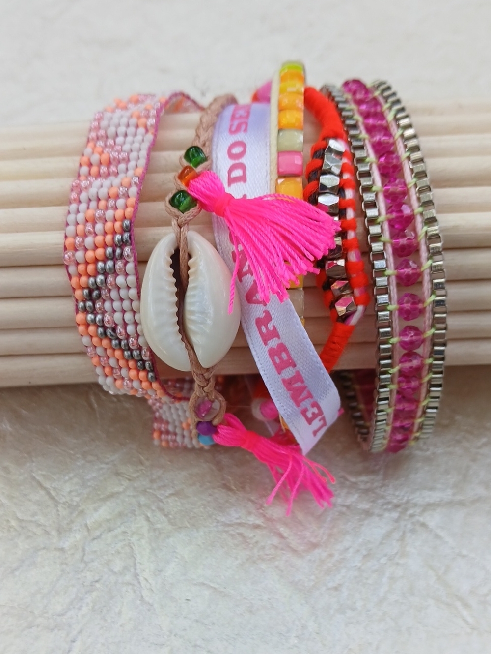 Hipanema Pink and Coral Multi-Strand Beaded Seashell Bracelet